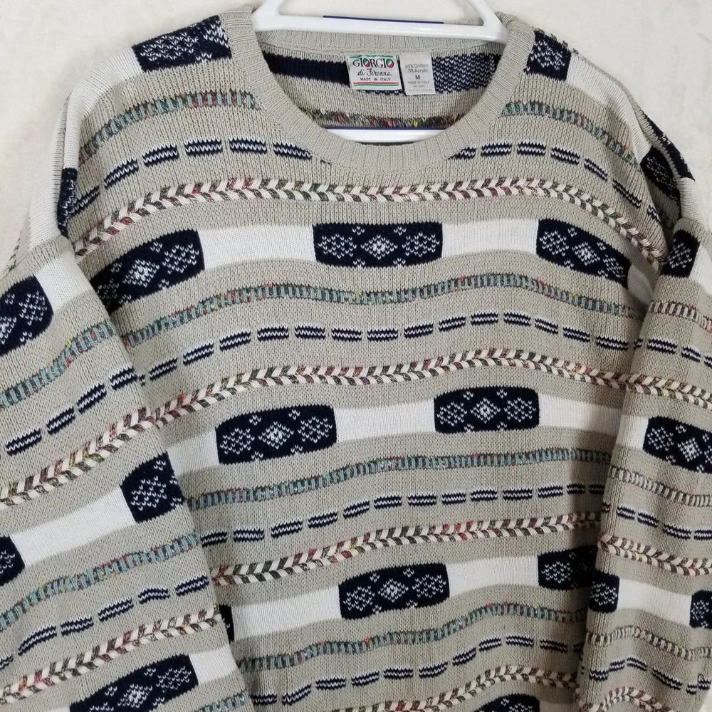 Giorgio di Firenze Men Vintage Geometric Knit Sweater Made in Italy Beige Navy M